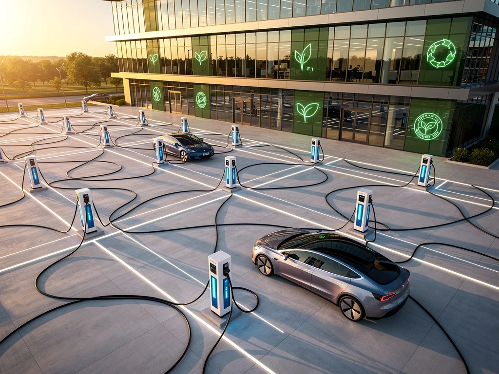 Luchtfoto van moderne elektrische laadstationplein met witte en blauwe laadpalen en glazen gebouw op achtergrond