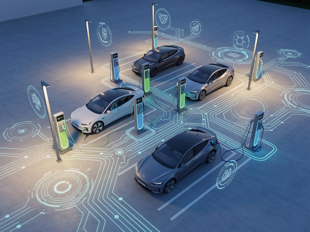 Elektrische voertuigen laden bij moderne laadstations met smart grid technologie en energie-indicatoren