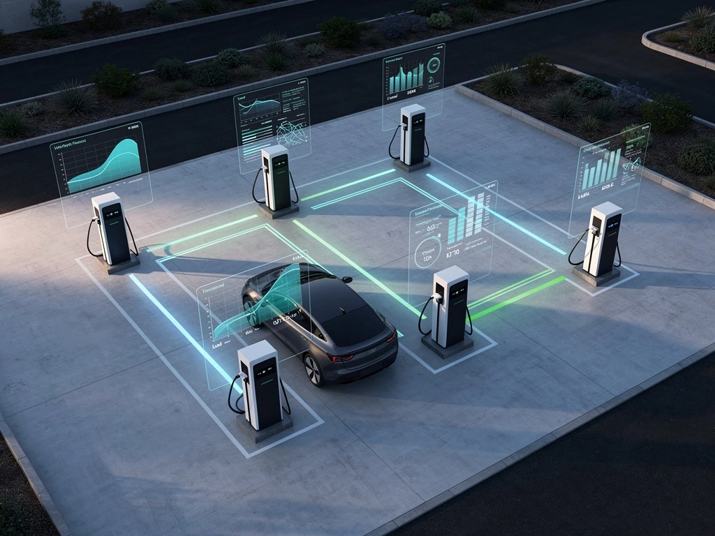 Luchtfoto van moderne elektrische laadstations met holografische data-visualisaties en energiestromen voor capaciteitsplanning