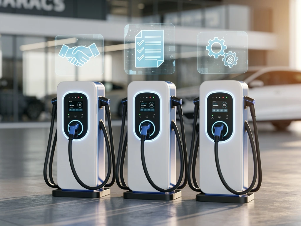 Drie moderne elektrische auto oplaadstations met contractsymbolen in professionele omgeving