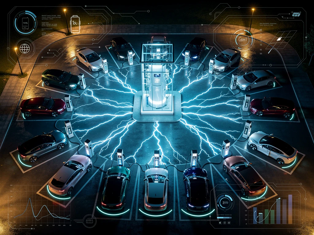 Bovenaanzicht van moderne snellaadstations met elektrische auto's en blauwe energiestromen tijdens piekuren