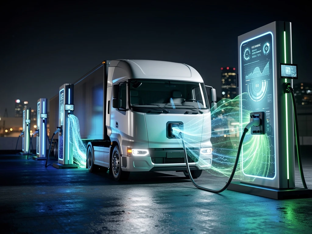 Grote elektrische vrachtwagen laadt op bij moderne snellaadstation met blauwe en groene LED-verlichting