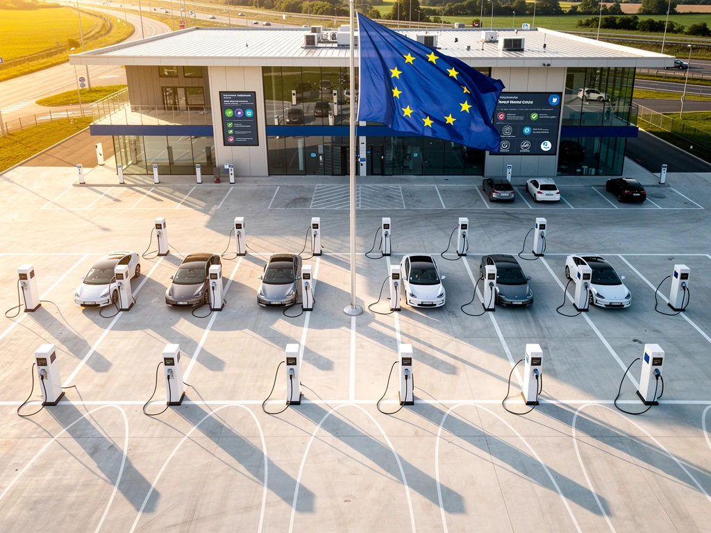 Europees snellaadstation met witte laadpalen en EU-vlag tijdens gouden uur, luchtfoto met regelgevingsdocumenten