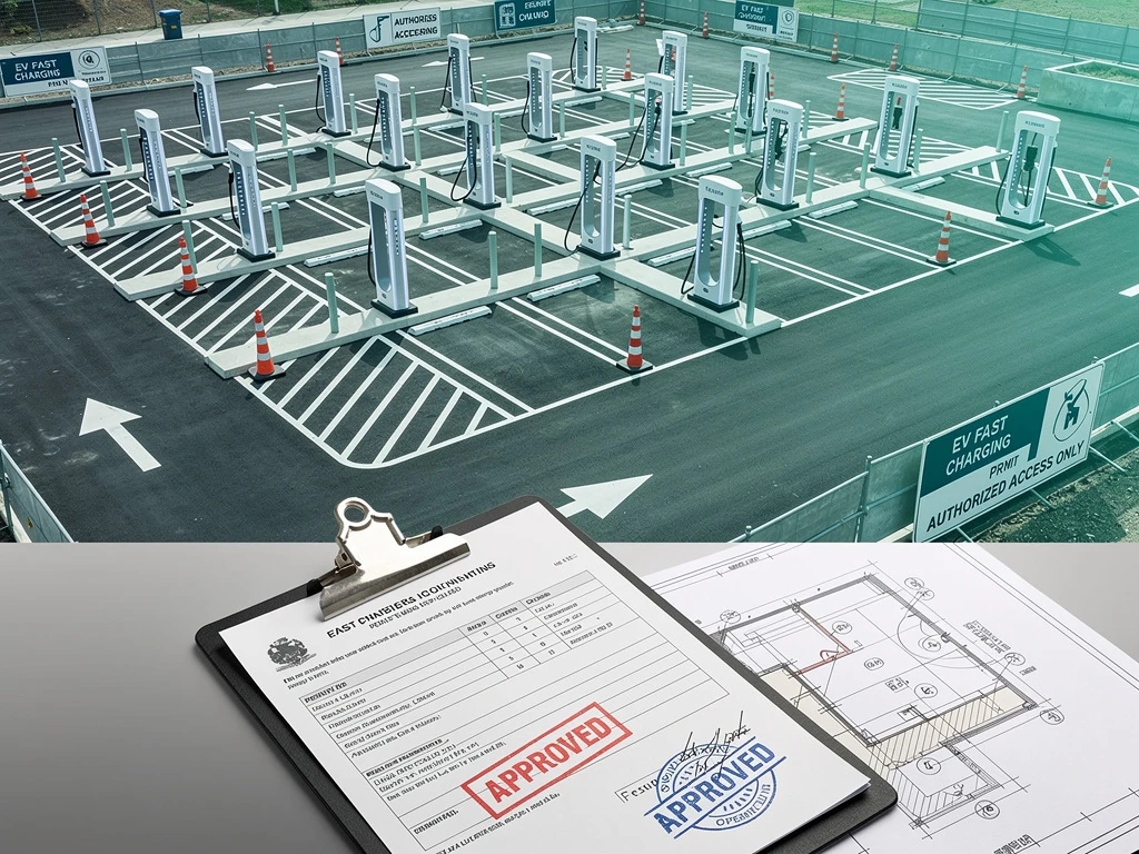 Luchtfoto van moderne elektrische laadstations met overheidsvergunningen en blauwdrukken op voorgrond