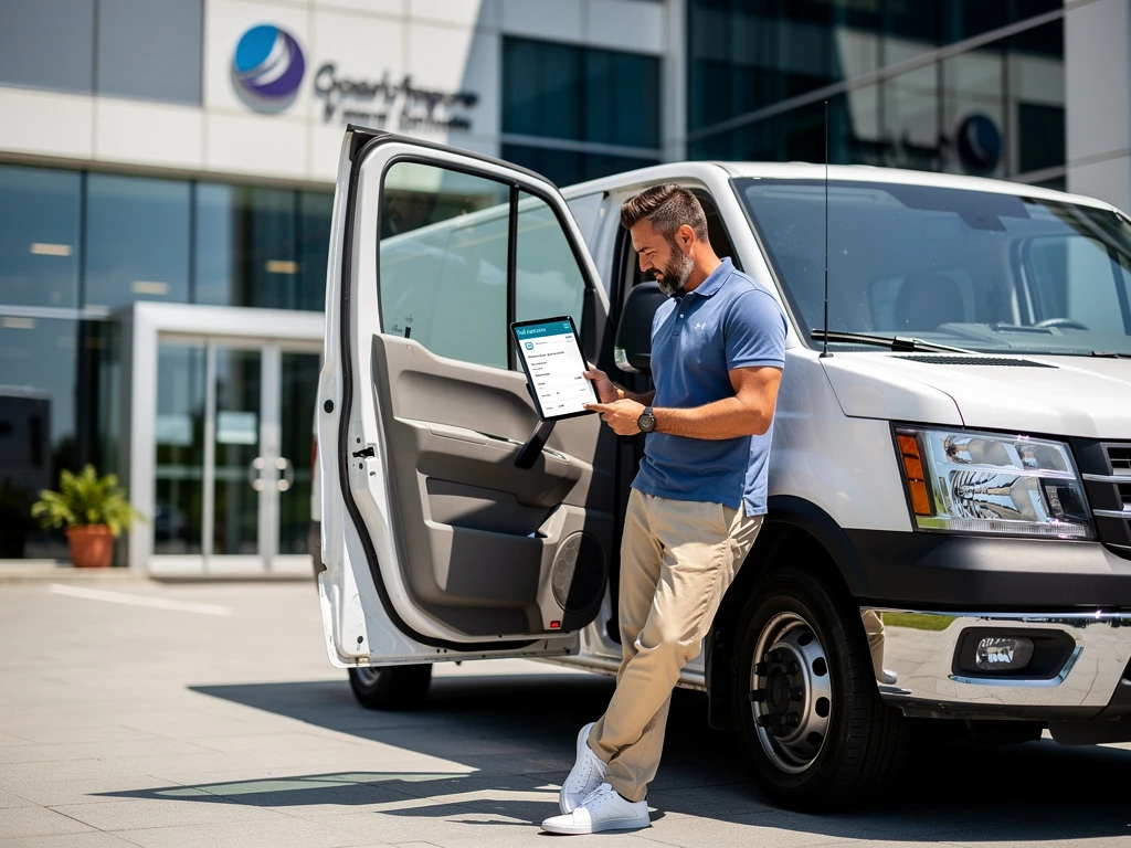 Zakenvrouw bekijkt digitale tolbetalingsdocumenten op tablet naast bezorgvrachtwagen bij modern logistiek kantoorgebouw