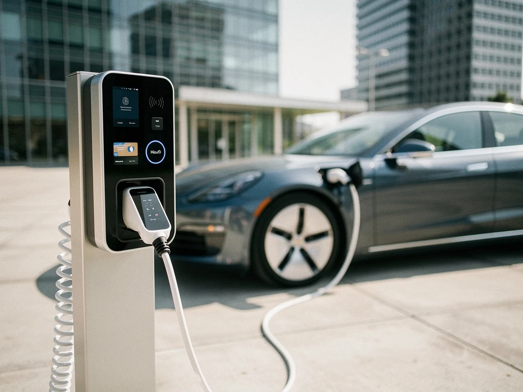 Moderne elektrische auto laadstation met contactloos betaalterminal en luxe sedan in stedelijke omgeving