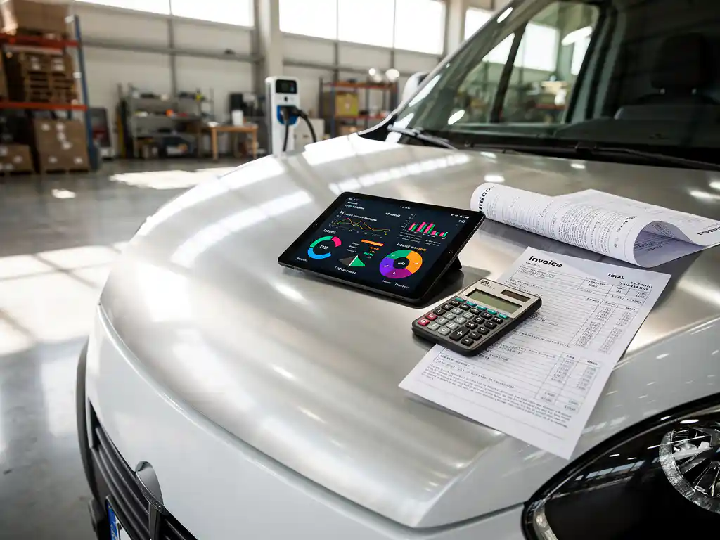 Witte elektrische bezorgwagen bij laadstation met tablet met kostenanalyse-grafieken op motorkap in magazijn