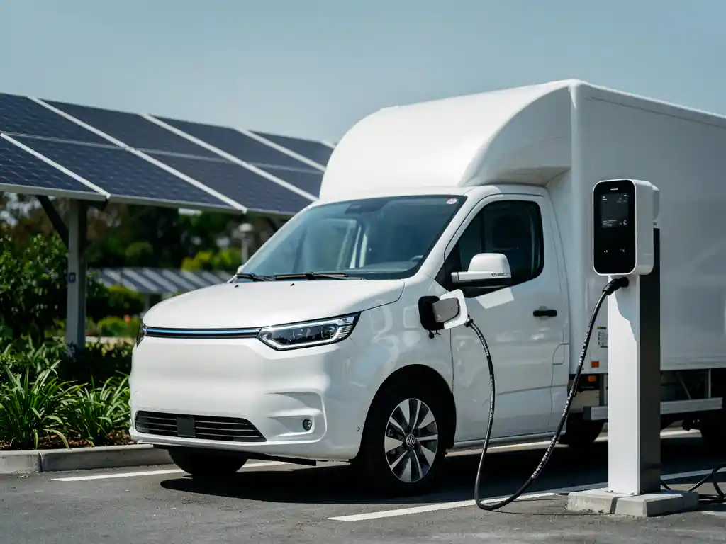 Witte elektrische bestelwagen aan laadstation met zonnepanelen en groene begroeiing op achtergrond