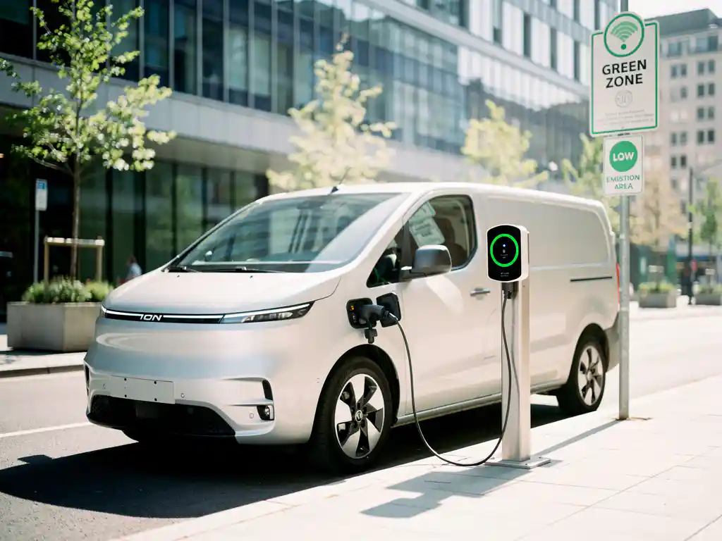 Elektrische bestelwagen aan laadstation op moderne stadsstraat met groene zone borden op achtergrond