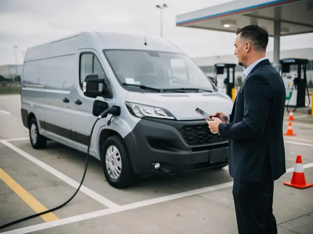 Elektrische bestelwagen aan laadstation met vlootmanager die tablet vasthoudt in industriële parkeergarage
