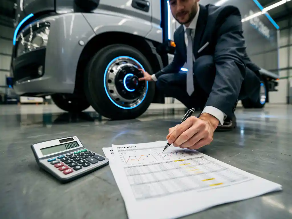 Zakenman analyseert ROI-berekeningen naast moderne elektrische bezorgwagen in magazijn met financiële documenten