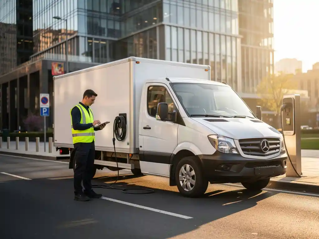 Witte elektrische bezorgwagen geparkeerd op stedelijke straat met chauffeur die tablet controleert bij laadkabel