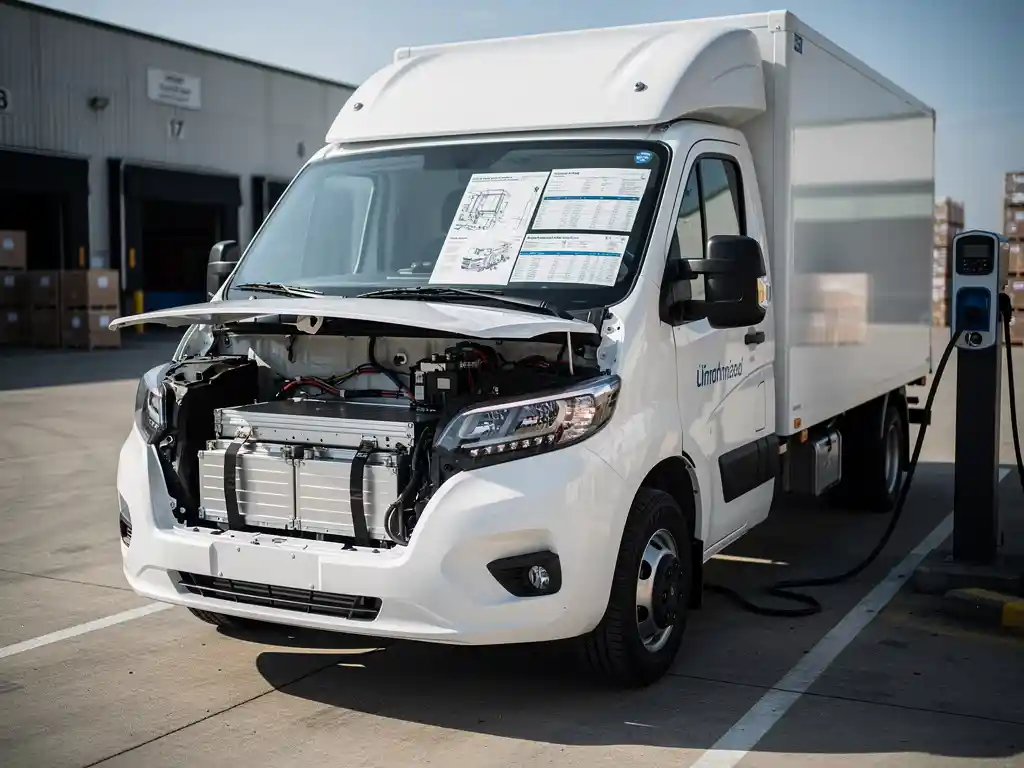 Moderne elektrische bezorgwagen bij laadstation met open motorkap toont batterijpakketten en elektrische componenten