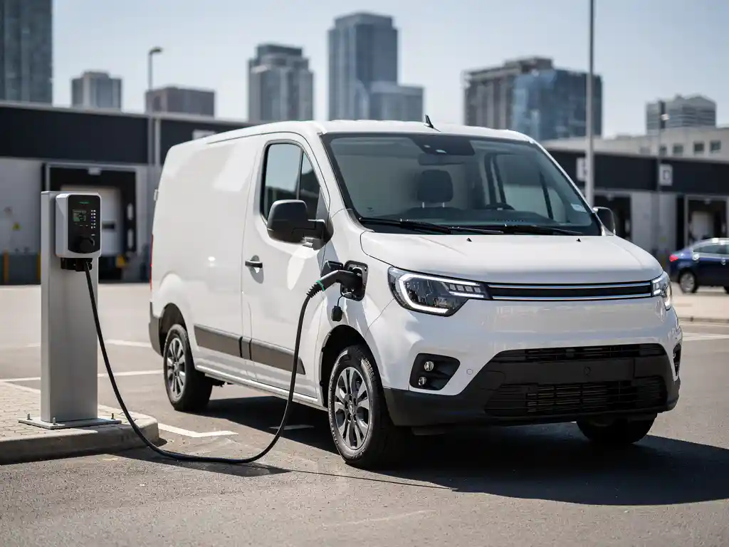 Witte elektrische bezorgwagen aan laadstation in stedelijk magazijndistrict, laadkabel aangesloten op zijpoort