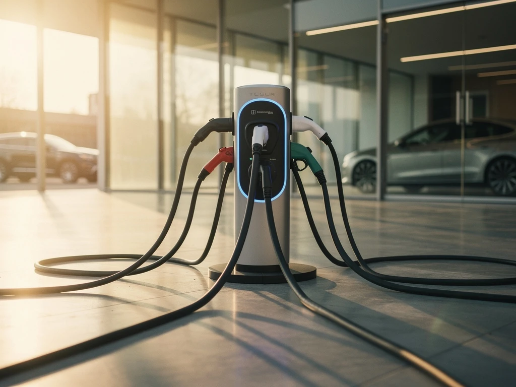 Elektrische auto laadstation met universele adapter die zacht blauw opglicht, moderne architectuur bij gouden uur