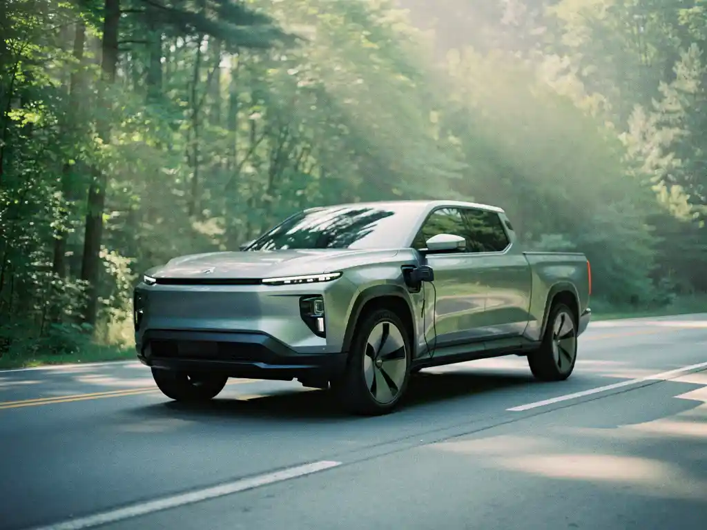 Moderne elektrische truck geparkeerd op snelweg met groene bossen op de achtergrond in ochtendlicht