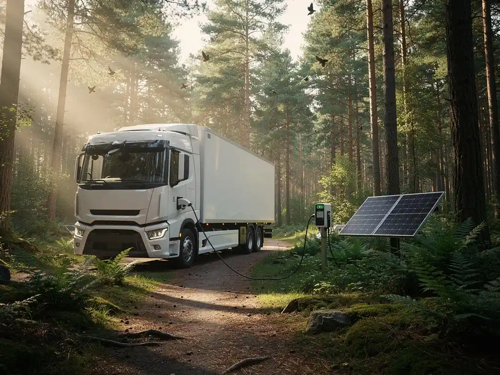 Witte elektrische vrachtwagen laadt op via zonnepanelen in bosomgeving, harmonie tussen technologie en natuur