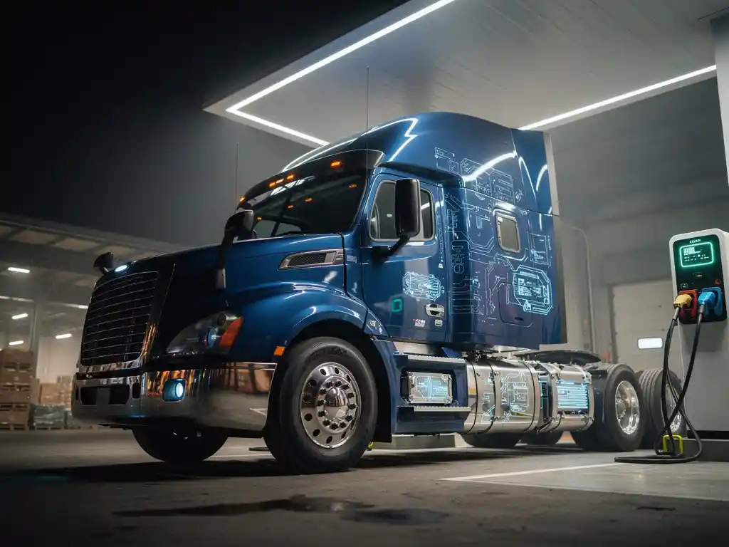 Elektrische vrachtwagen met zichtbare batterijcompartimenten bij moderne laadstation in industriële omgeving