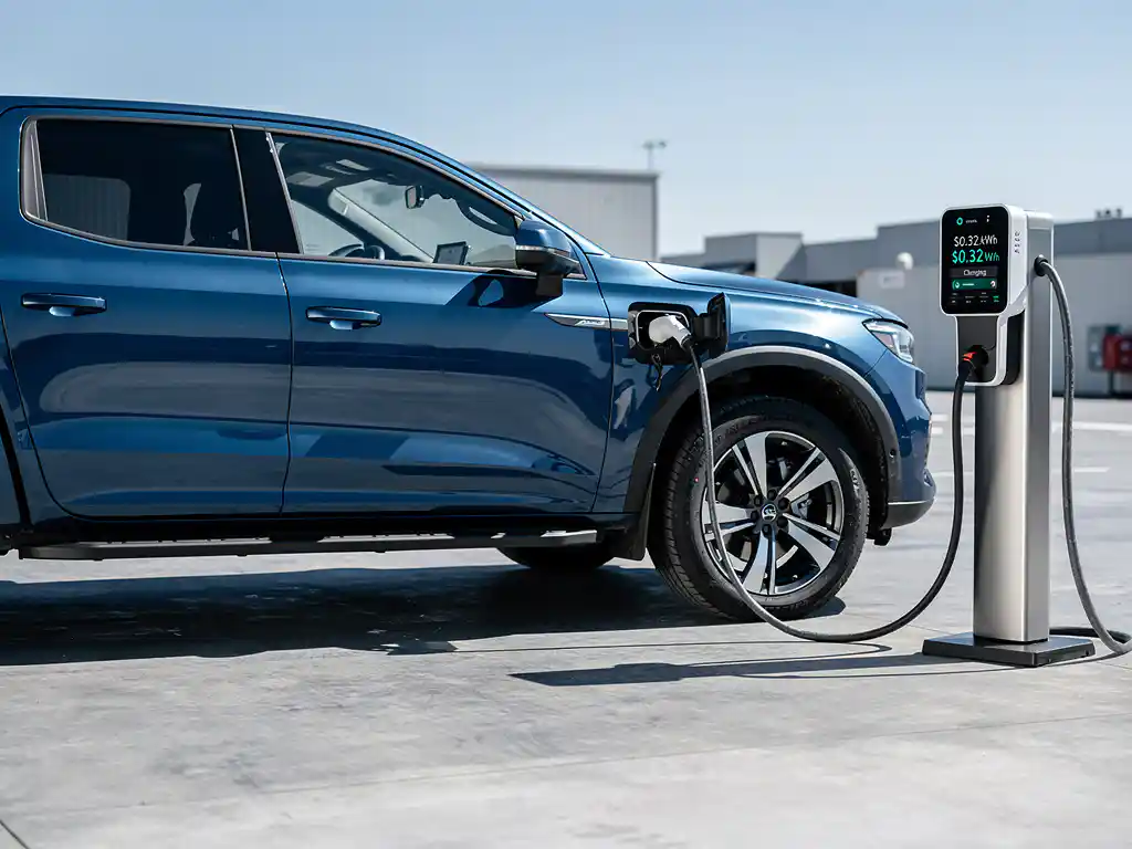 Moderne elektrische truck in metallic blauw wordt opgeladen bij laadstation met digitaal display in industriële omgeving