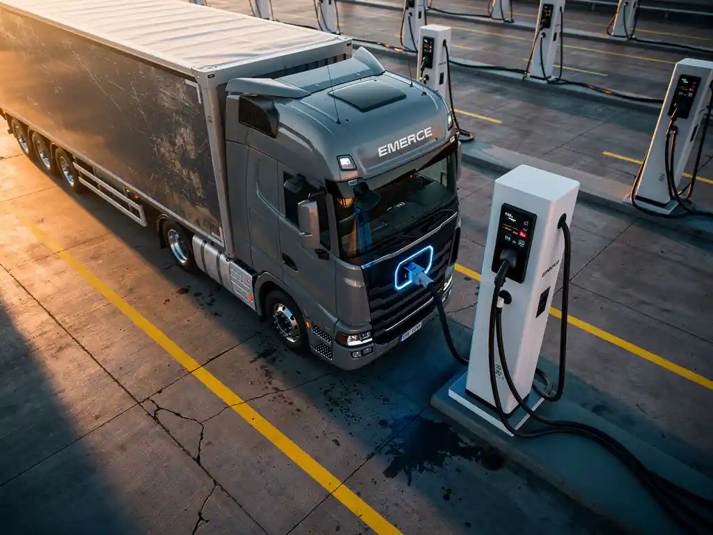 Elektrische vrachtwagen wordt opgeladen bij moderne laadpaal met blauwe LED-indicatoren op industrieel terrein