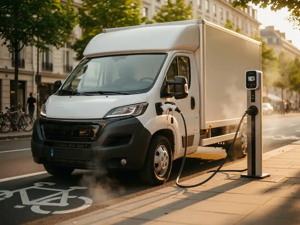 Moderne elektrische bestelwagen laadt op aan laadstation op rustige Europese straat tijdens gouden uur