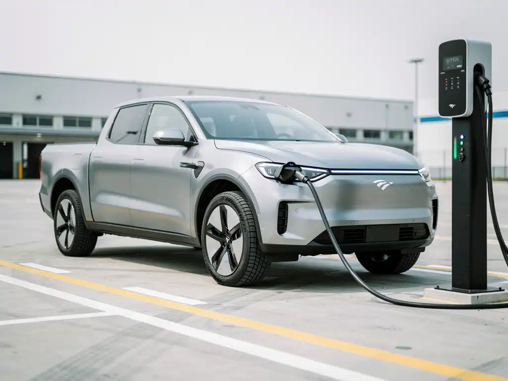 Moderne elektrische vrachtwagen aan laadstation op industriële locatie met aangesloten laadkabel en LED-verlichting