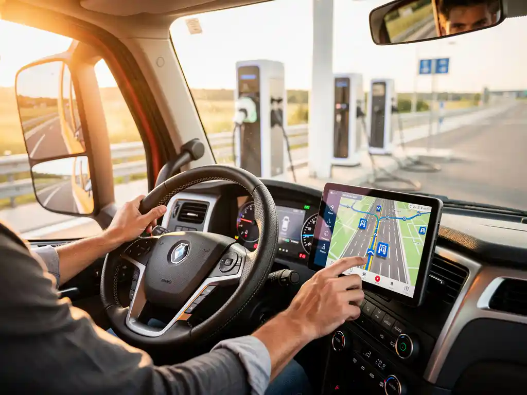 Elektrische vrachtwagen bij laadstation met routeplannings-tablet op dashboard die laadpunten langs snelweg toont