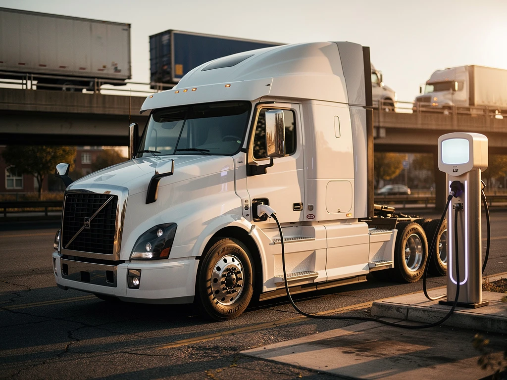 Witte elektrische vrachtwagen aan laadstation met dieseltrucks op achtergrond tijdens gouden uur