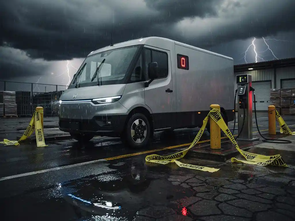 Elektrische bezorgwagen bij laadstation met waarschuwingsborden onder donkere stormwolken op industriële laaddok