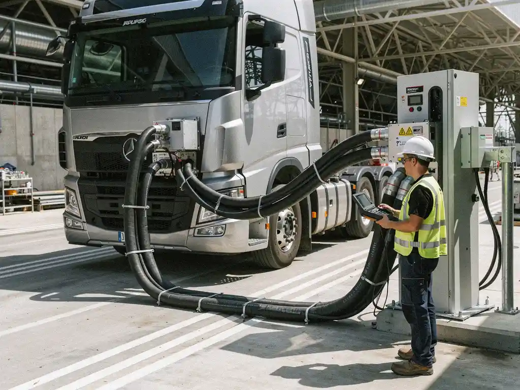 Grote elektrische vrachtwagen aan industrieel laadstation met technicus in veiligheidsvest die het laadproces monitort