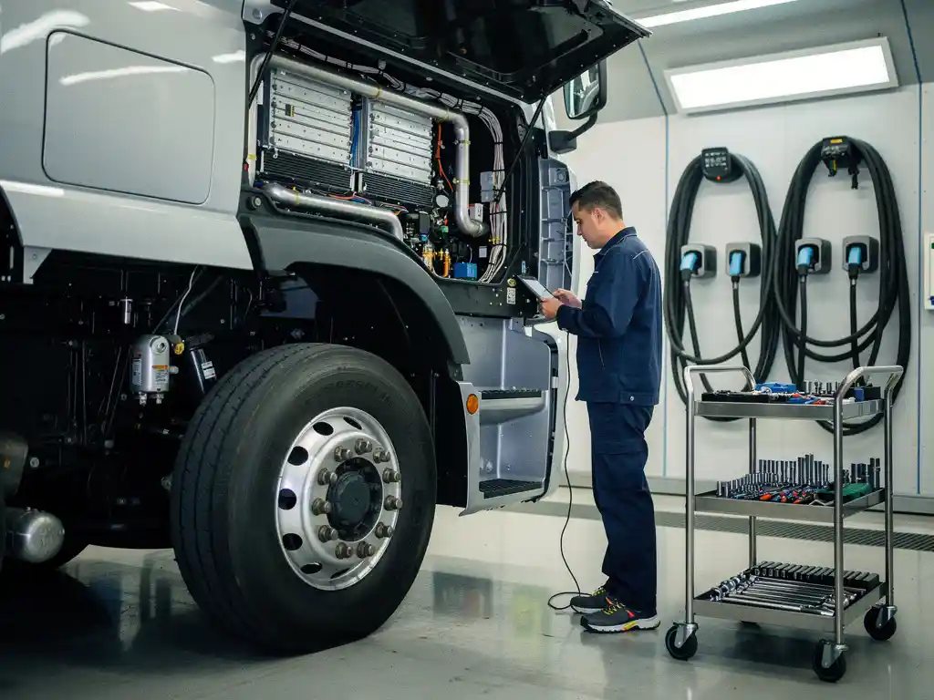 Technicus onderzoekt batterijcompartiment van elektrische vrachtwagen in moderne werkplaats met diagnostische apparatuur