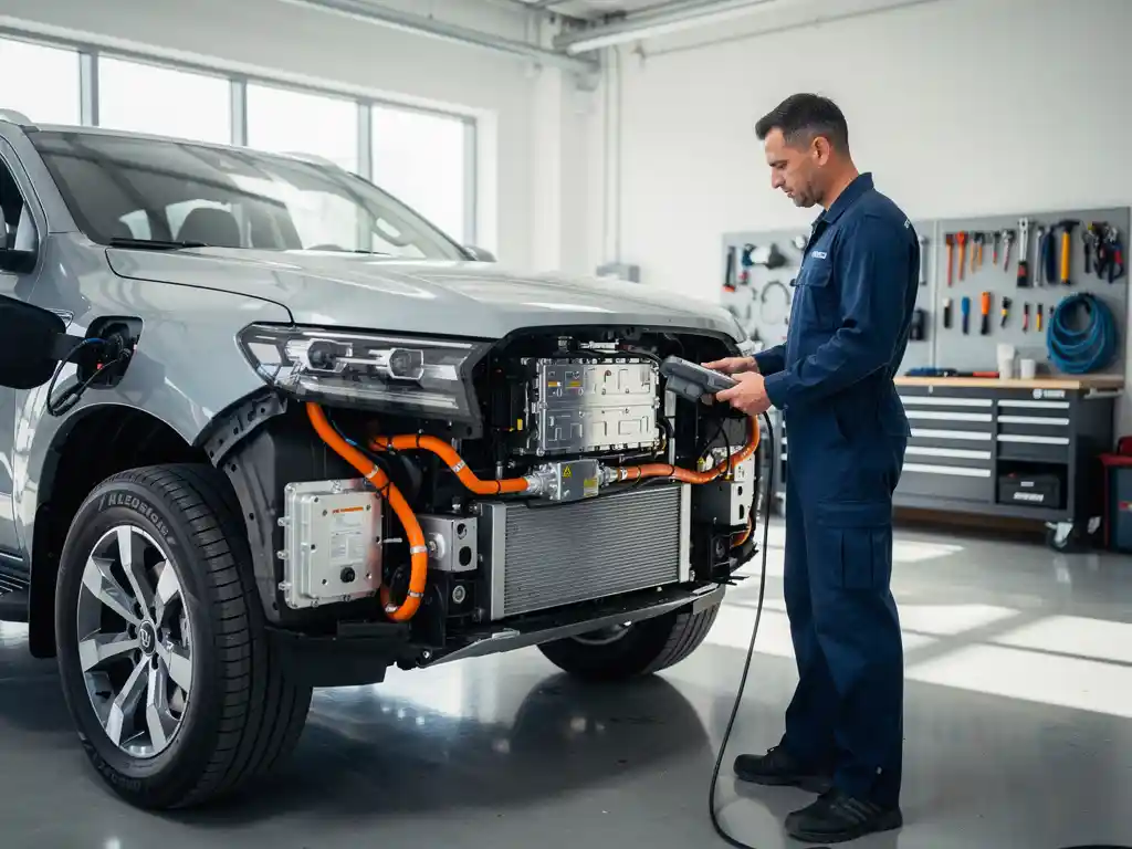 Monteur inspecteert laadpoort van elektrische vrachtwagen in moderne servicegarage met diagnostische apparatuur