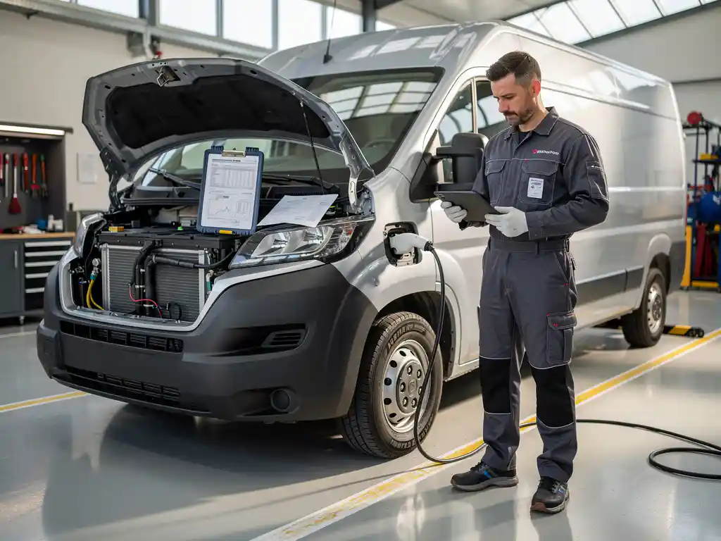 Monteur inspecteert batterij van elektrische bestelwagen bij laadstation met diagnostische tablet en garantiedocumenten
