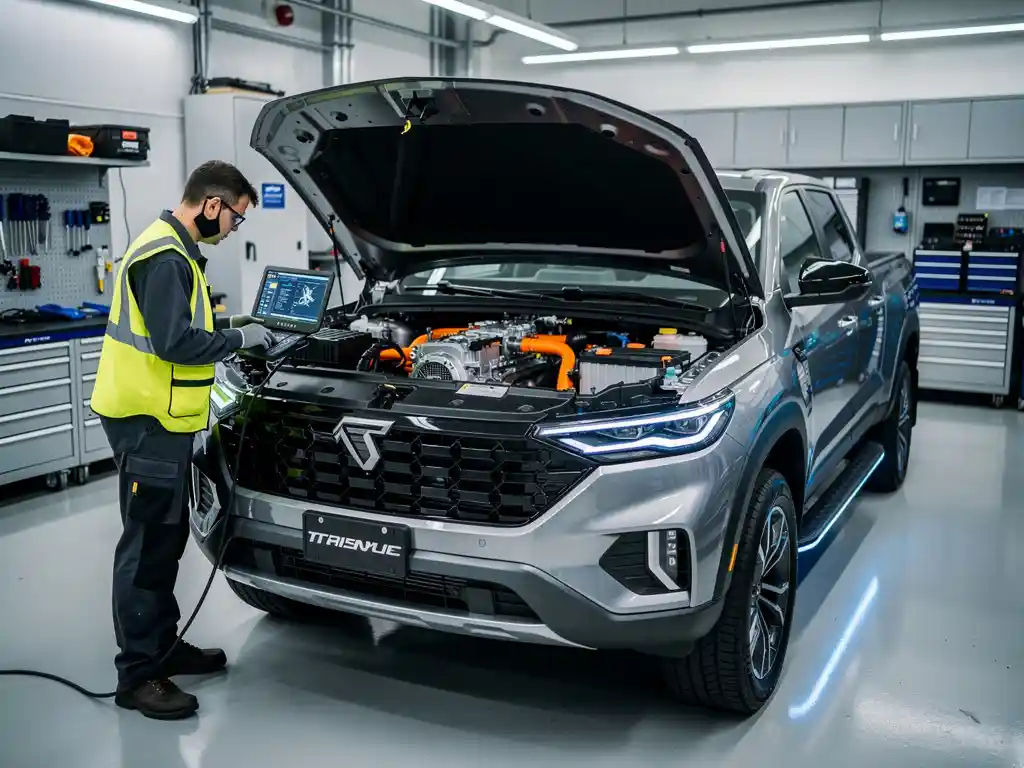 Technicus in hesje onderzoekt elektrische motor van truck bij moderne servicestation met diagnostische apparatuur