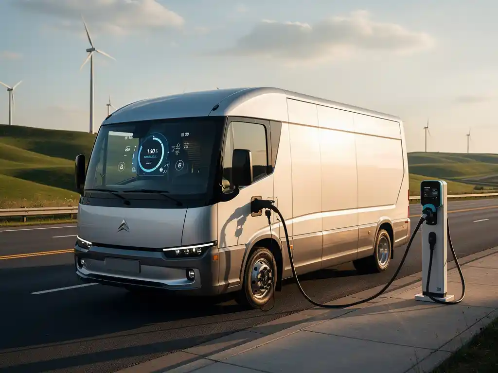 Elektrische bezorgvrachtwagen laadt op moderne snelweg met windmolens op achtergrond tijdens gouden uur