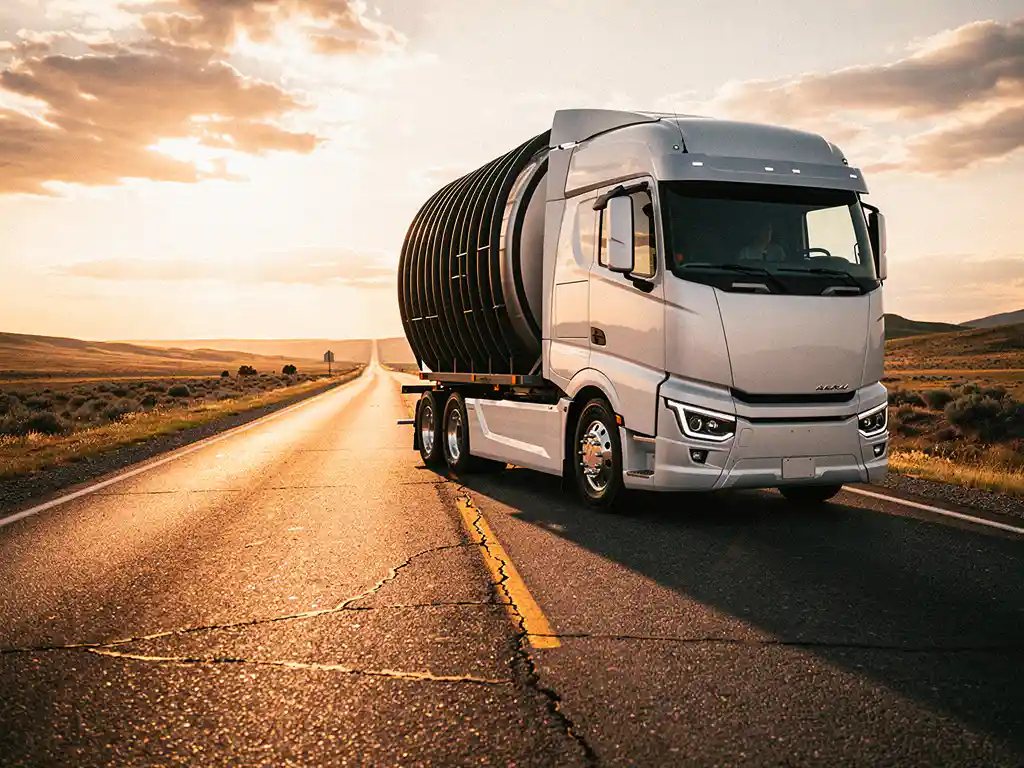 Witte elektrische vrachtwagen rijdt op snelweg bij zonsondergang met laadkabels aan zijkant