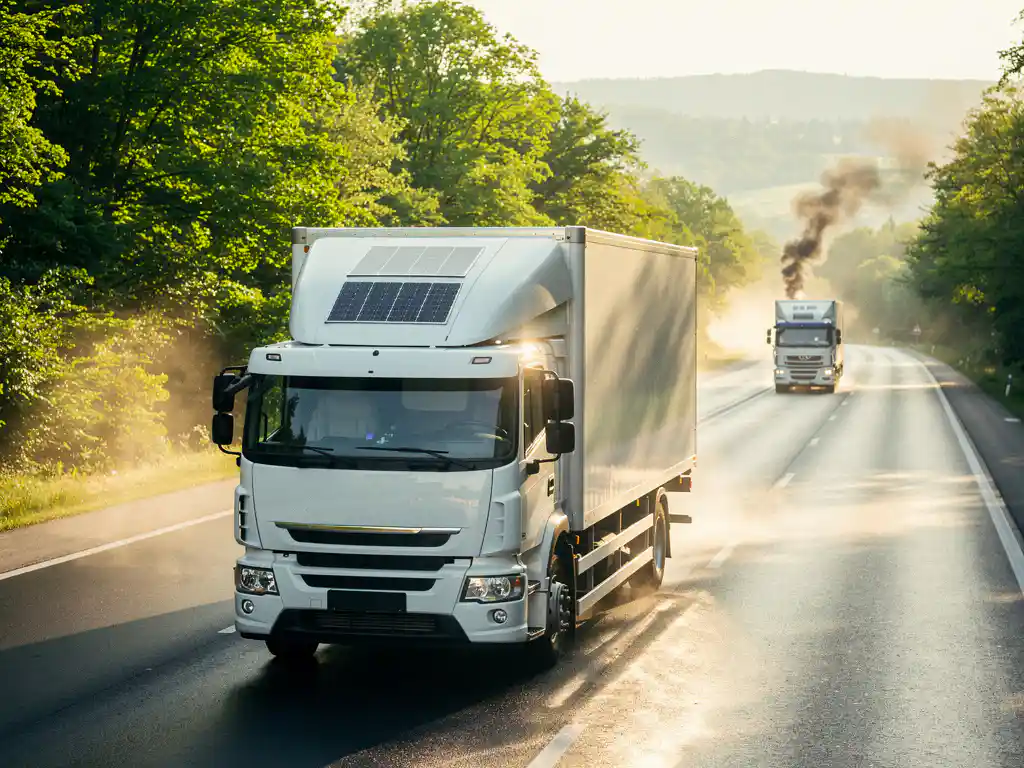 Witte elektrische vrachtwagen op snelweg met zonnepanelen, groene bomen op achtergrond, dieseltruck met uitlaatgas zichtbaar
