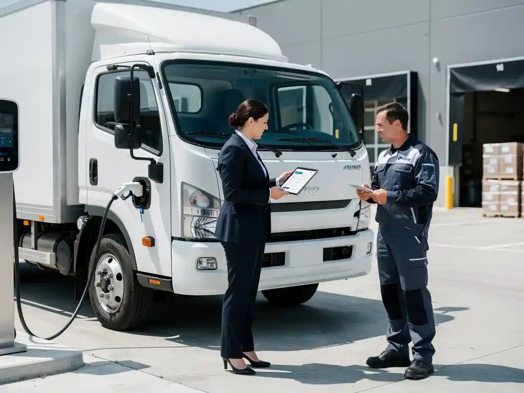 Witte elektrische bestelwagen aan laadstation met verzekeringsadviseur en chauffeur in gesprek over dekking
