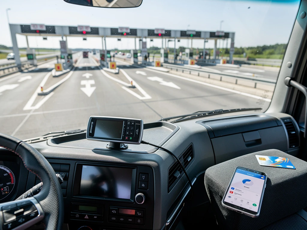 Moderne Europese vrachtwagen bij tolstation met elektronisch betaalapparaat, smartphone en tankkaart op dashboard