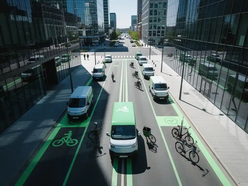 Moderne stadsstraat met groene zones, elektrische bestelwagens en cargobikes, glazen gebouwen, luchtfoto perspectief