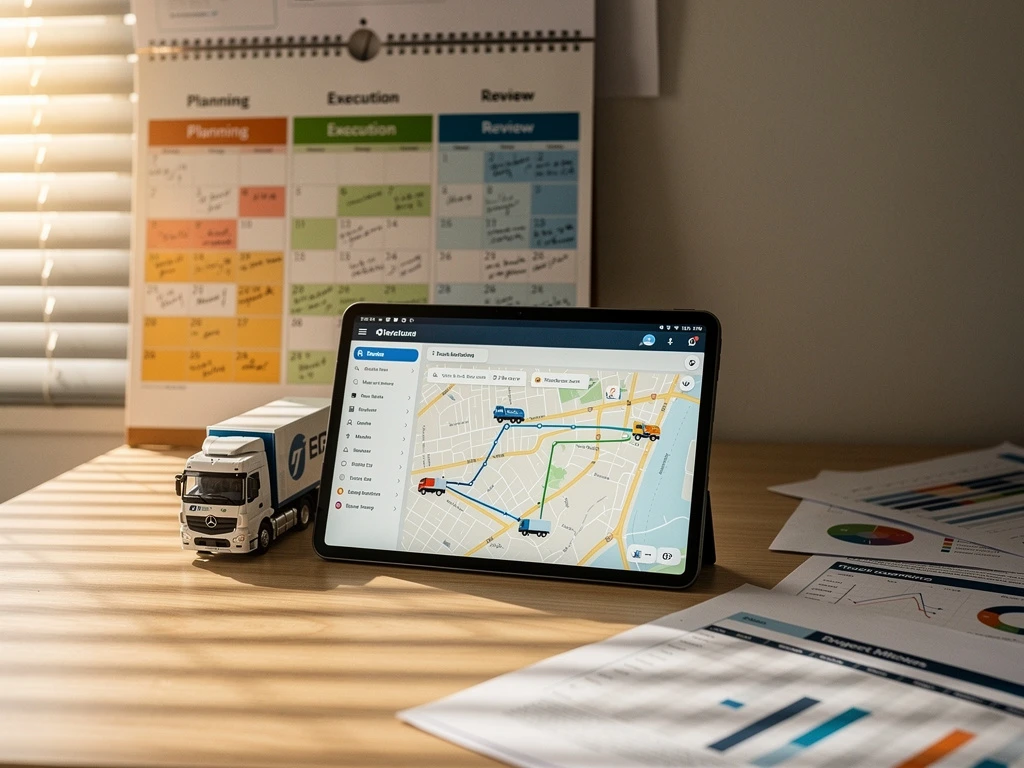 Tablet met vrachtwagenroute software op logistiek bureau naast speelgoedvrachtwagen en projectdocumenten