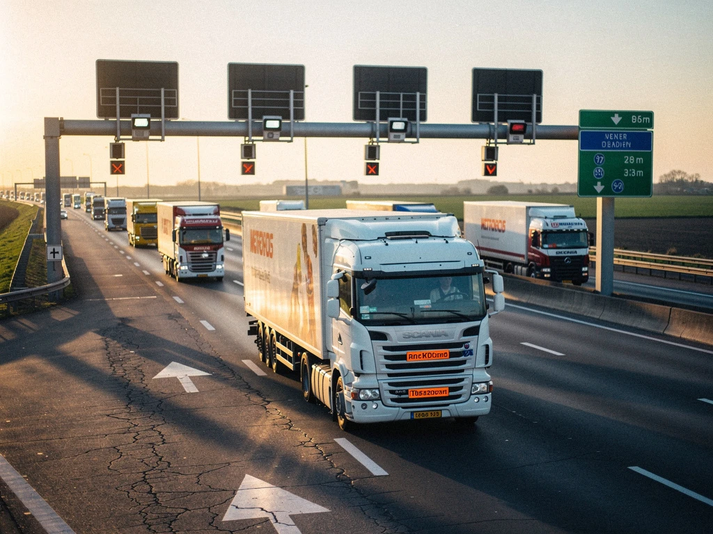Nederlandse vrachtwagen met oranje kenteken rijdt op Europese snelweg onder elektronische tolportalen bij zonsondergang