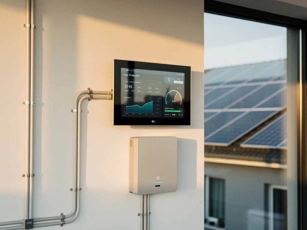 Moderne smart home bedieningspaneel op witte muur toont energiegebruik, zonnepanelen zichtbaar door raam op achtergrond