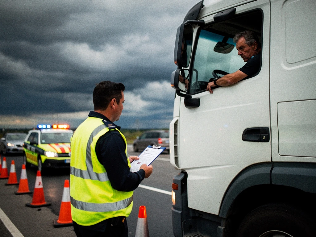 Vrachtwagen bij wegcontrole met handhavingsambtenaar die boetebonnen uitschrijft, bestuurder zichtbaar in cabine