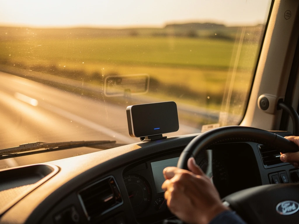 Moderne vrachtwagen met elektronisch tolsysteem op snelweg tijdens gouden uur, bestuurder aan het stuur