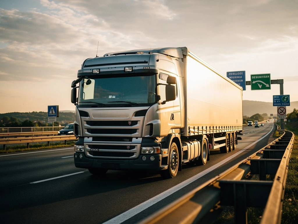 Grote vrachtwagen op Europese snelweg tijdens gouden uur, gefotografeerd vanuit lage hoek met wegeninfrastructuur