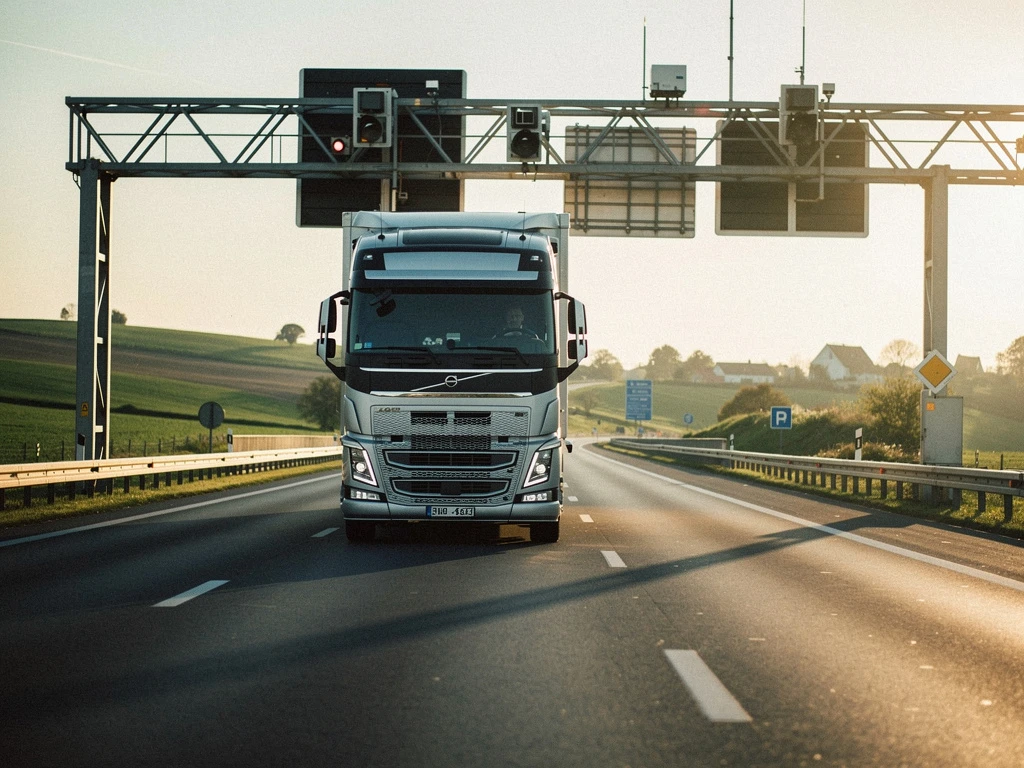 Grote moderne vrachtwagen rijdt onder elektronische tolpoortjes op Europese snelweg tijdens gouden uur