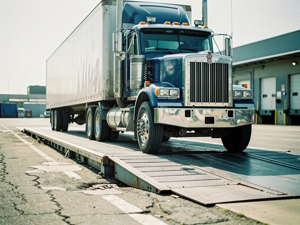 Grote vrachtwagen op industriële weegschaal platform, chromen details glanzend in daglicht met wazig magazijn op achtergrond