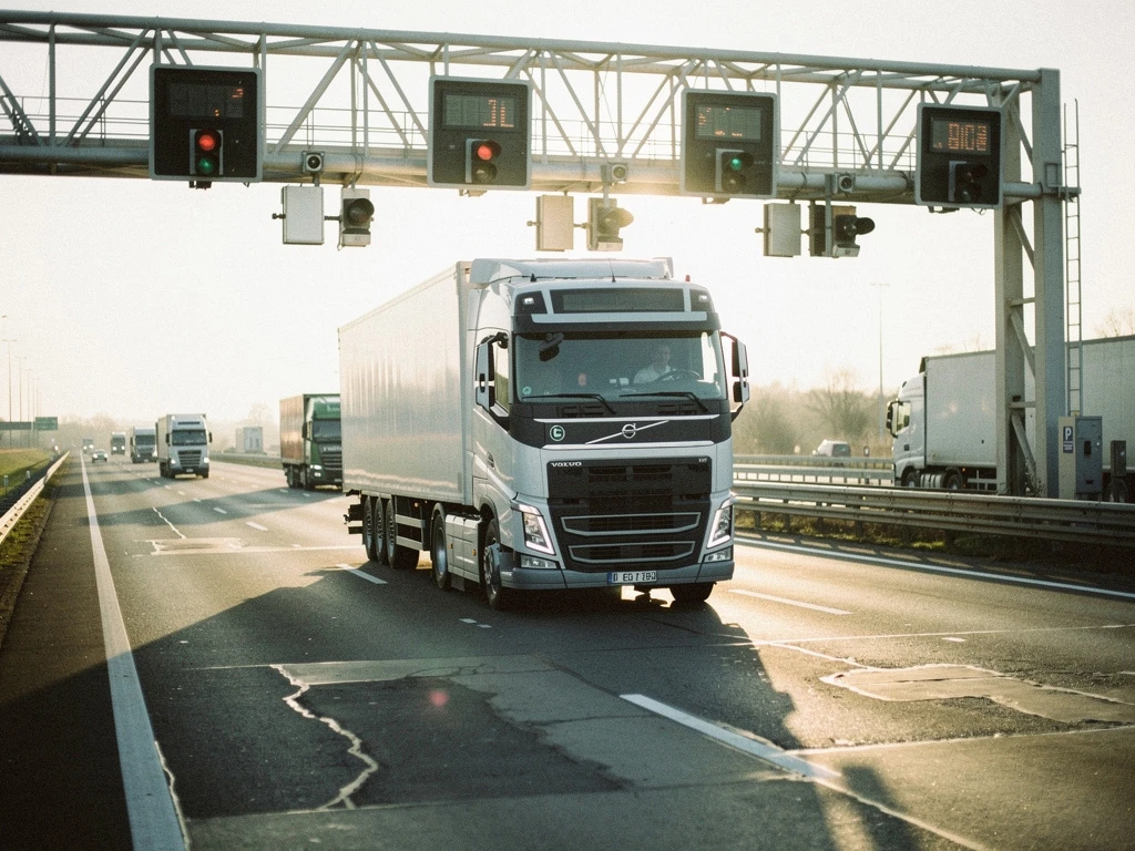 Grote vrachtwagen rijdt onder digitale tolpoort op Europese snelweg met elektronische sensoren en camera's