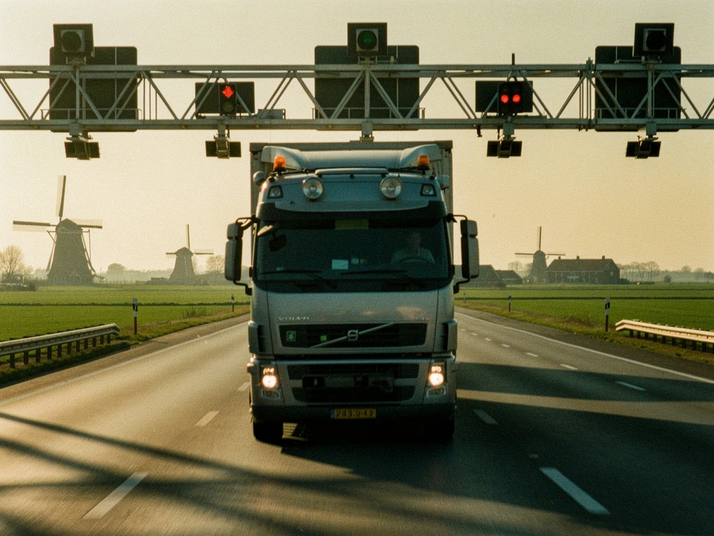 Vrachtwagen rijdt onder elektronische tolpoortry op Nederlandse snelweg met windmolens op de achtergrond